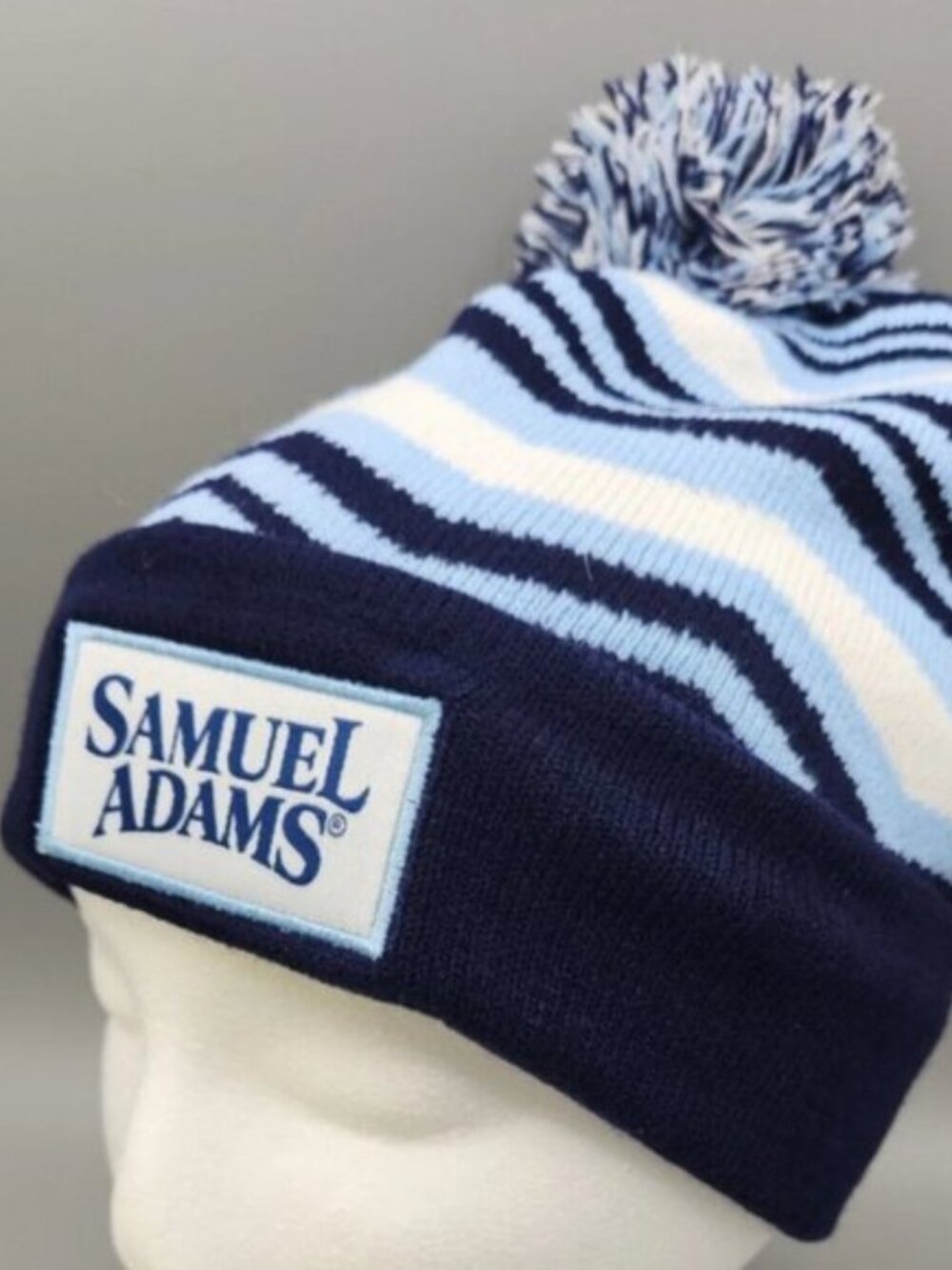 Samuel Adams Blue and White Striped Winter Hat with Pom-Pom